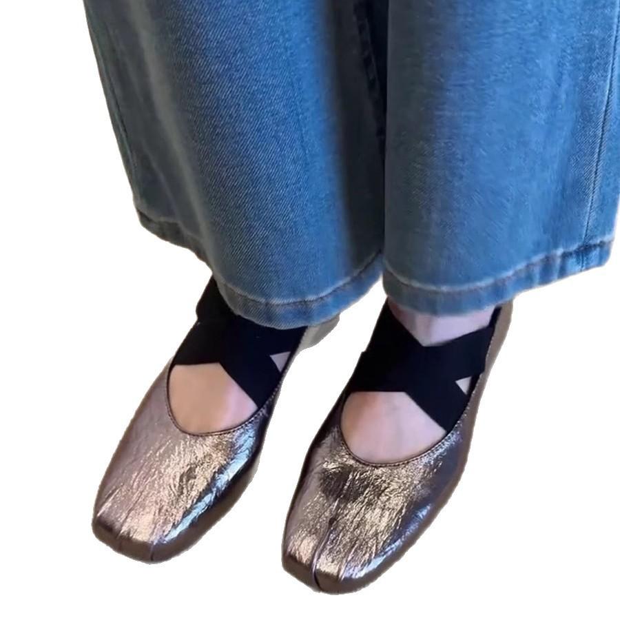 Sheepskin Version~ Square Head Retro Handmade Ballet Single Shoes Women's Cross Strap Thick Heel Ballet Shoes Mary Jane Single Shoes