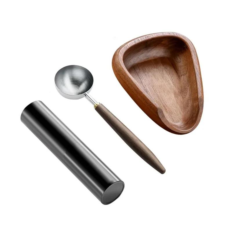 3pcs Set Wood Coffee Bean Dosing Tray Anti-static Spray Bottle Measuring Spoon Espresso Dosing Tray Weigh Coffee Bean Container