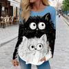 Tops For Women 3D Black White Cat Print Round Neck Long Sleeve T-shirt Fall Casual Slim Pullover Women's Long Sleeve Top