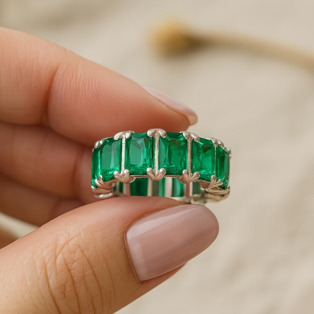 Свадьба Помолвка Юбилей Обещание Подарок – Багет Изумруд Вечность Кольцо, Майский Камень Рождения Штабелируемое Парное Кольцо, Элегантные Украшения для Женщин