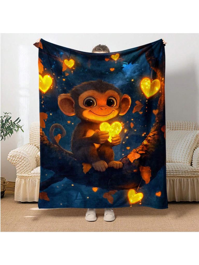 Monkey And Glowing Hearts HD Print Blanket - Lightweight Flannel Throw For Sofa. Bed.Travel Livingroom.Office.Couch And Bed -