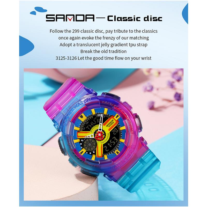 SANDA New Product Gradient Multiple Colors Frozen Couple Style Men's and Women's Fashion Trend Multi -functional Waterproof Electronic Watches
