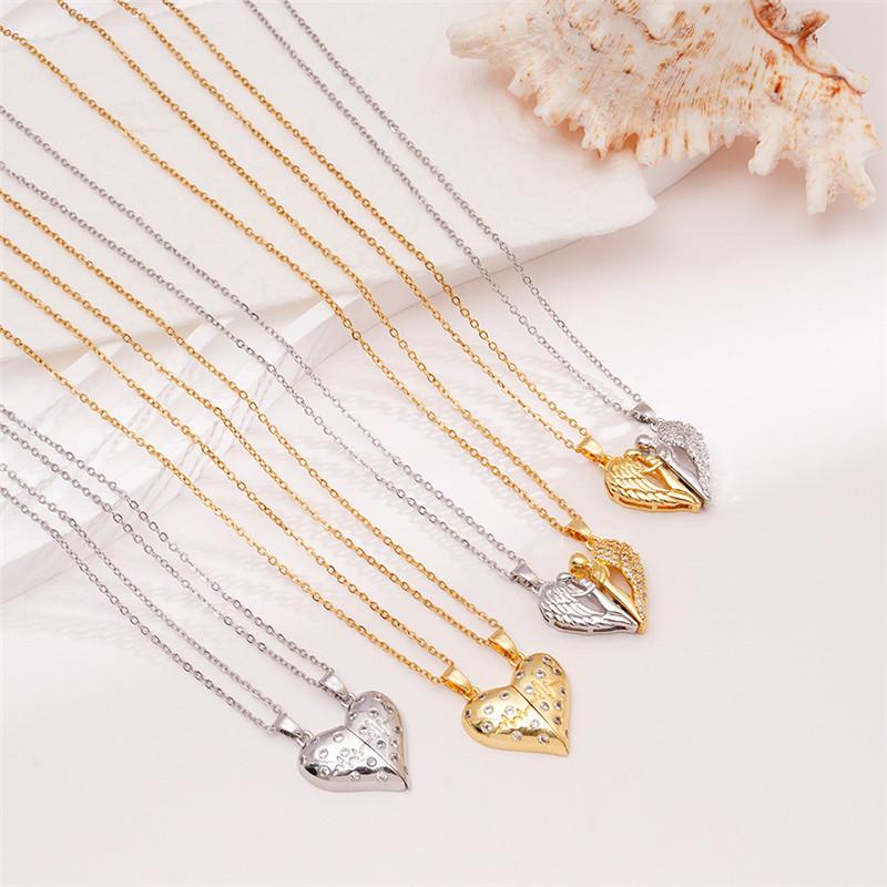 Light Luxury Heart Zircon Magnet Pendant Necklace Stainless Steel Chains Choker Jewelry Couple Gifts 2pcs For Women Men