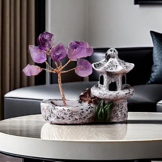 Crystal Money Tree Healing Crystal Ornament Amethyst Fengshui Tree with Tower Figurine for Home Desk Shelf Zen Decoration