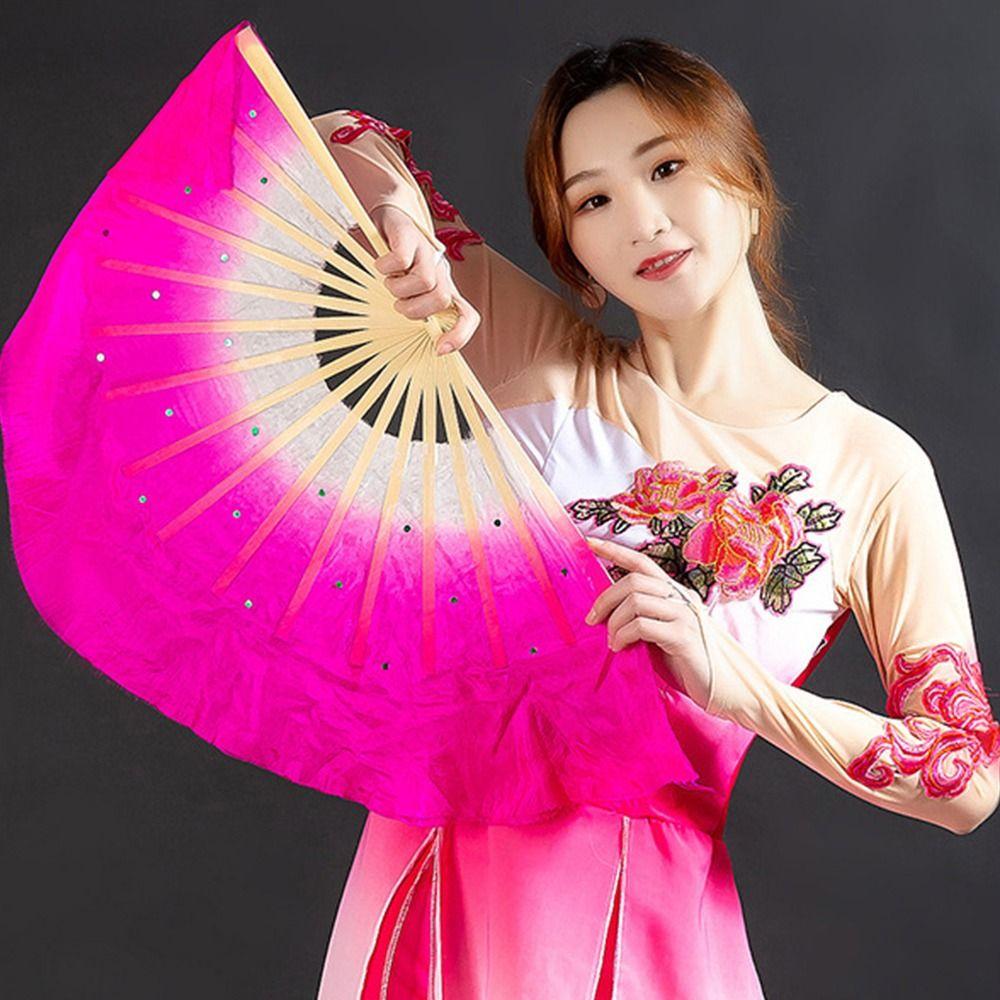 Hot Sell Dancer Practice Long Imitation Rayon Silk Fans Belly Dancing Fan Long Silk Fans Silk Fans