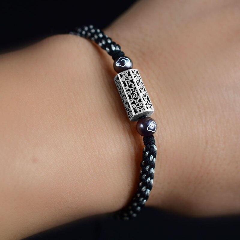 Стерлингового серебра 925 пробы тибетский браслет с шестью словами мантра мужские плетеные вручную браслеты Будды духовные браслеты женский подарок для него LJ-06