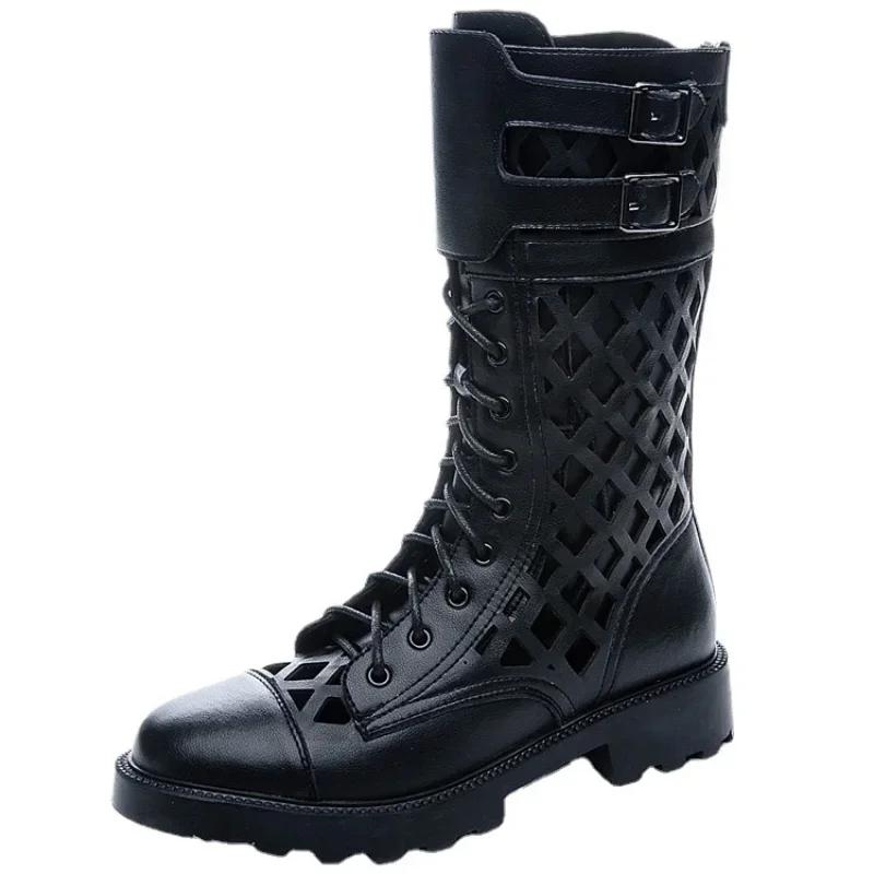 Летние Полые Черные Сетчатые Прохладные Ботинки женские Новые Средний Каблук Большие Прохладные Ботинки Европейские Американские Сандалии Женские туфли на платформе