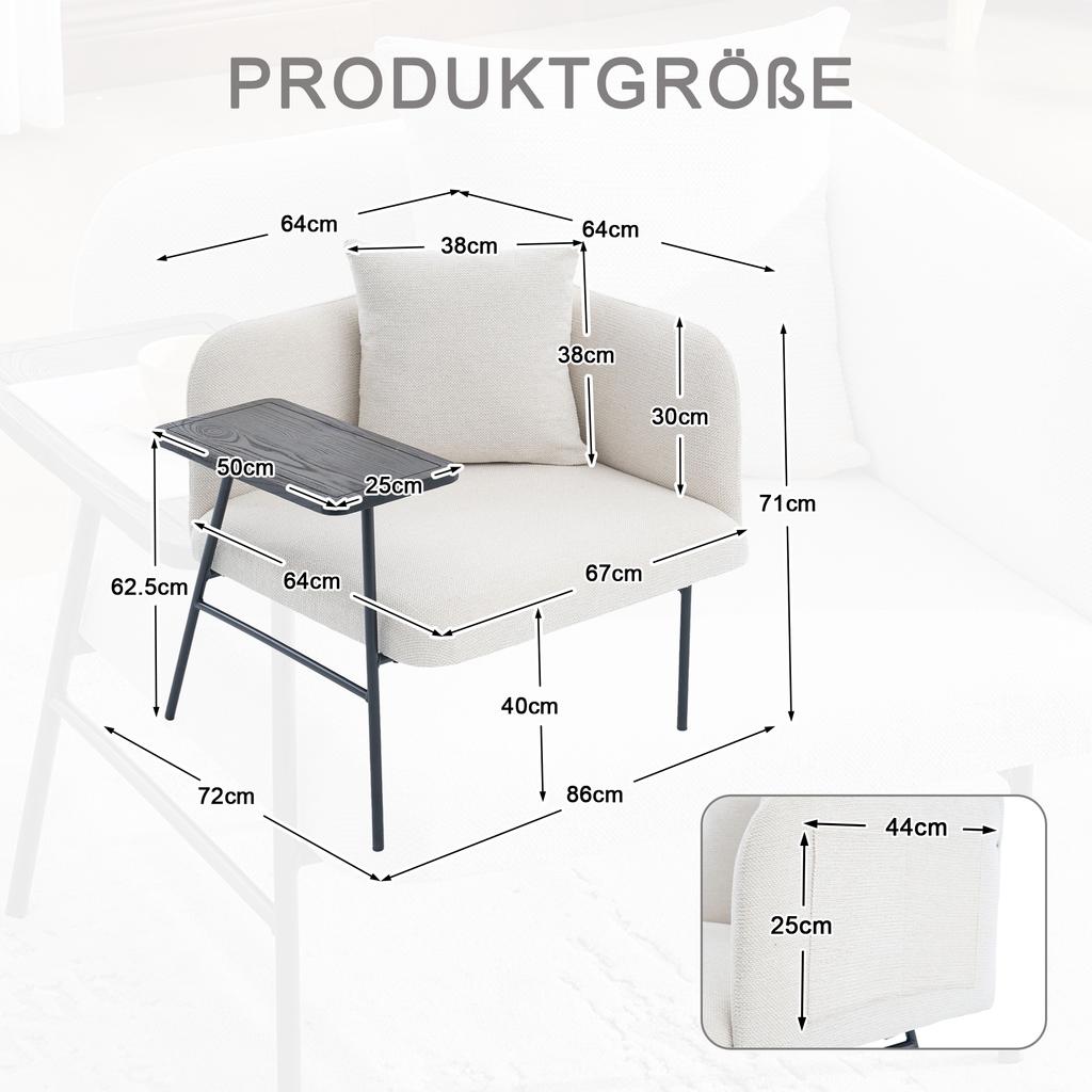 Modern single armchair with comfortable fabric backrest and two storage compartments, complemented by a practical side table.