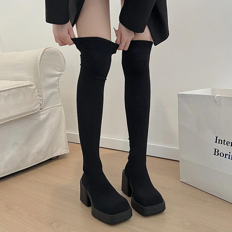 НовыеЗимние женские сапоги выше колена, эластичные вязаные сапоги на толстом каблуке, женские туфли без застежек на толстой подошве