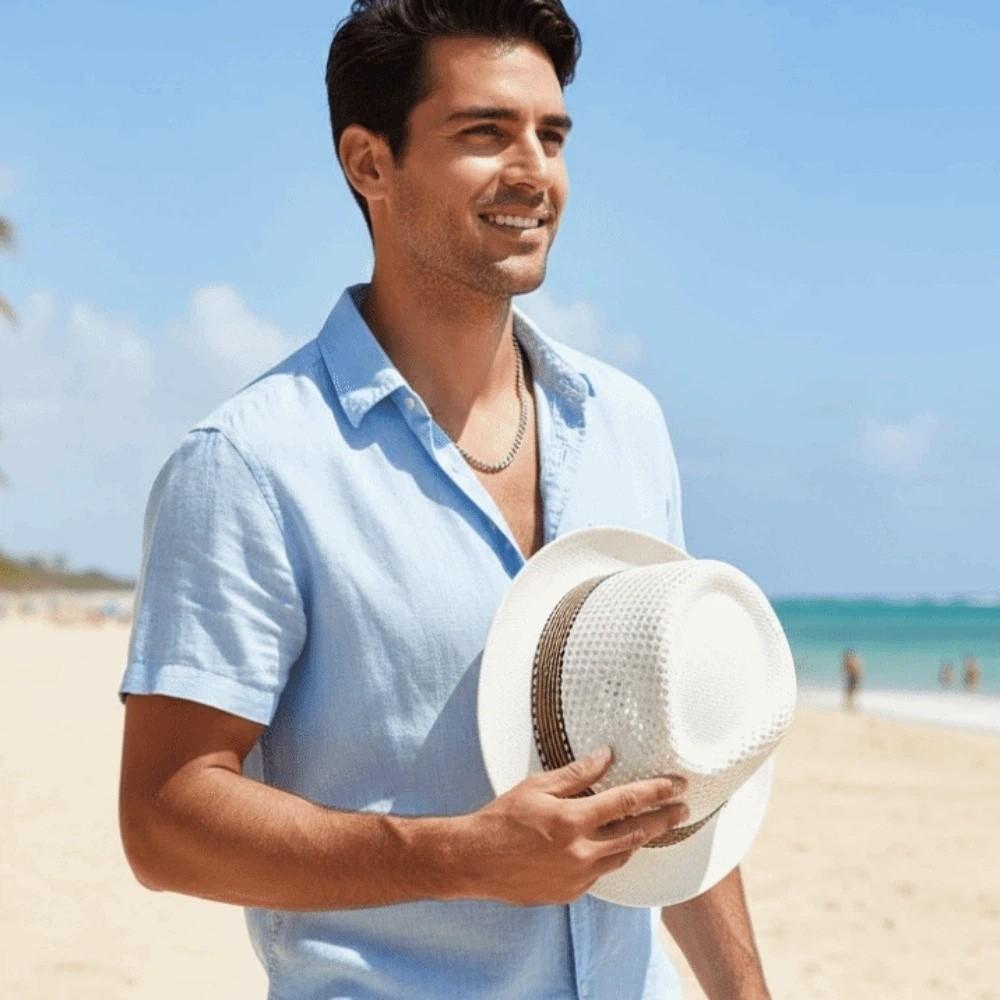 Short Brim Woven Straw Hat Breathable Vacation Beach Cap Sun Cap Men Panama Hat Summer