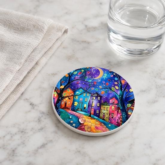 jijijing 2PCS Car Coasters, Oil Painting Print, Decorative Non-Slip Thermal Pads, Stain-Resistant Easy to Clean Cup Holders, for Home Kitchen