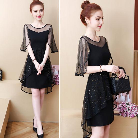 Женское вечернее платье в сетку в стиле пэчворк, нерегулярное мини-платье с круглым вырезом, звездами и блестками, двухслойное с рюшами и короткими рукавами, вечерние мини-платье для выпускного вечера