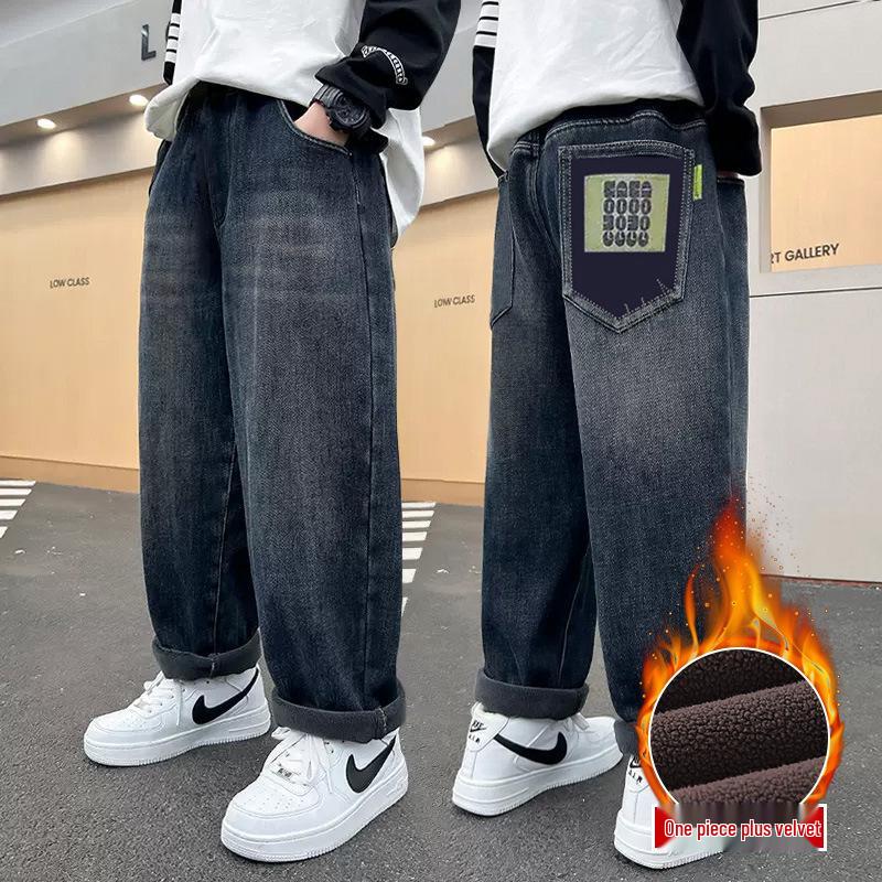 Детские зимние джинсы с толстой флисовой подкладкой - Теплые хлопковые брюки для детей среднего и старшего возраста (Коллекция 2025 г.)