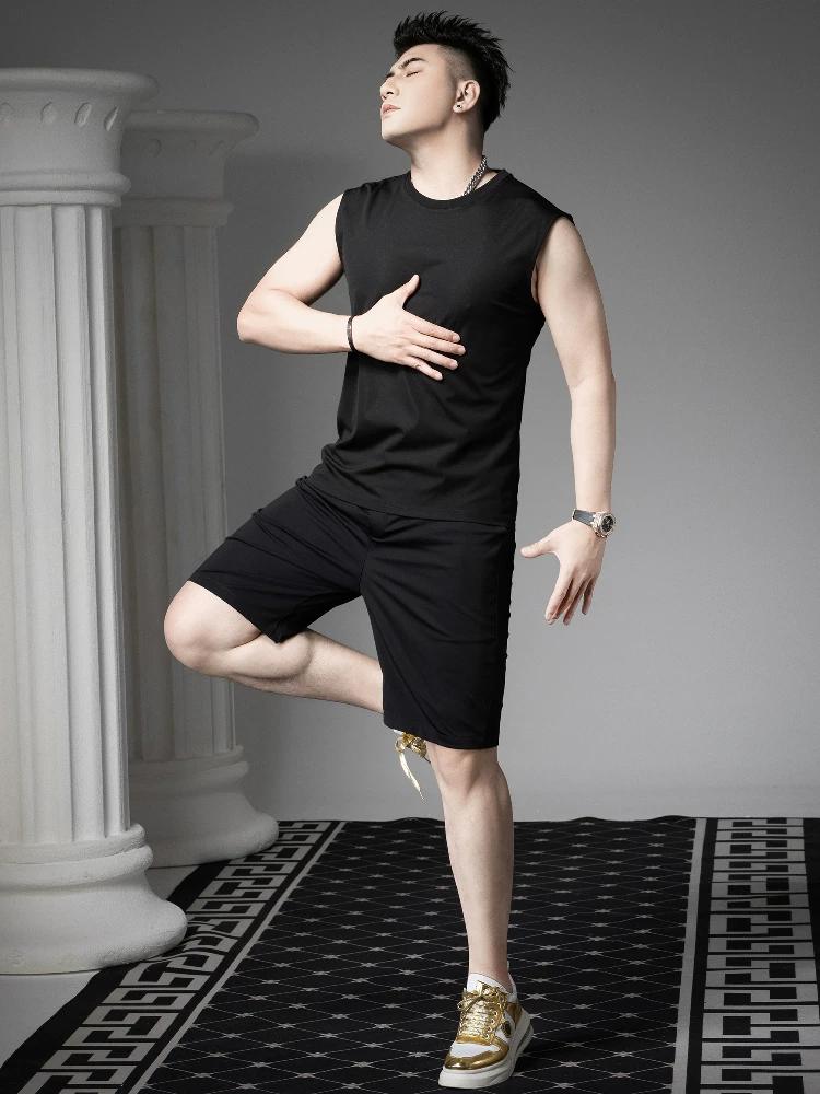 European Style Round Neck Vest Men's Sleeveless T-Shirt Solid Color Casual Shorts Summer Trendy Sports Suit for Men