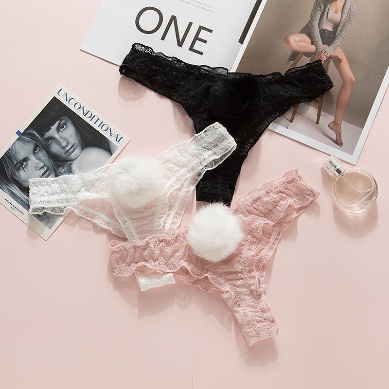 Японские кружевные стринги с низкой талией и съемными помпонами