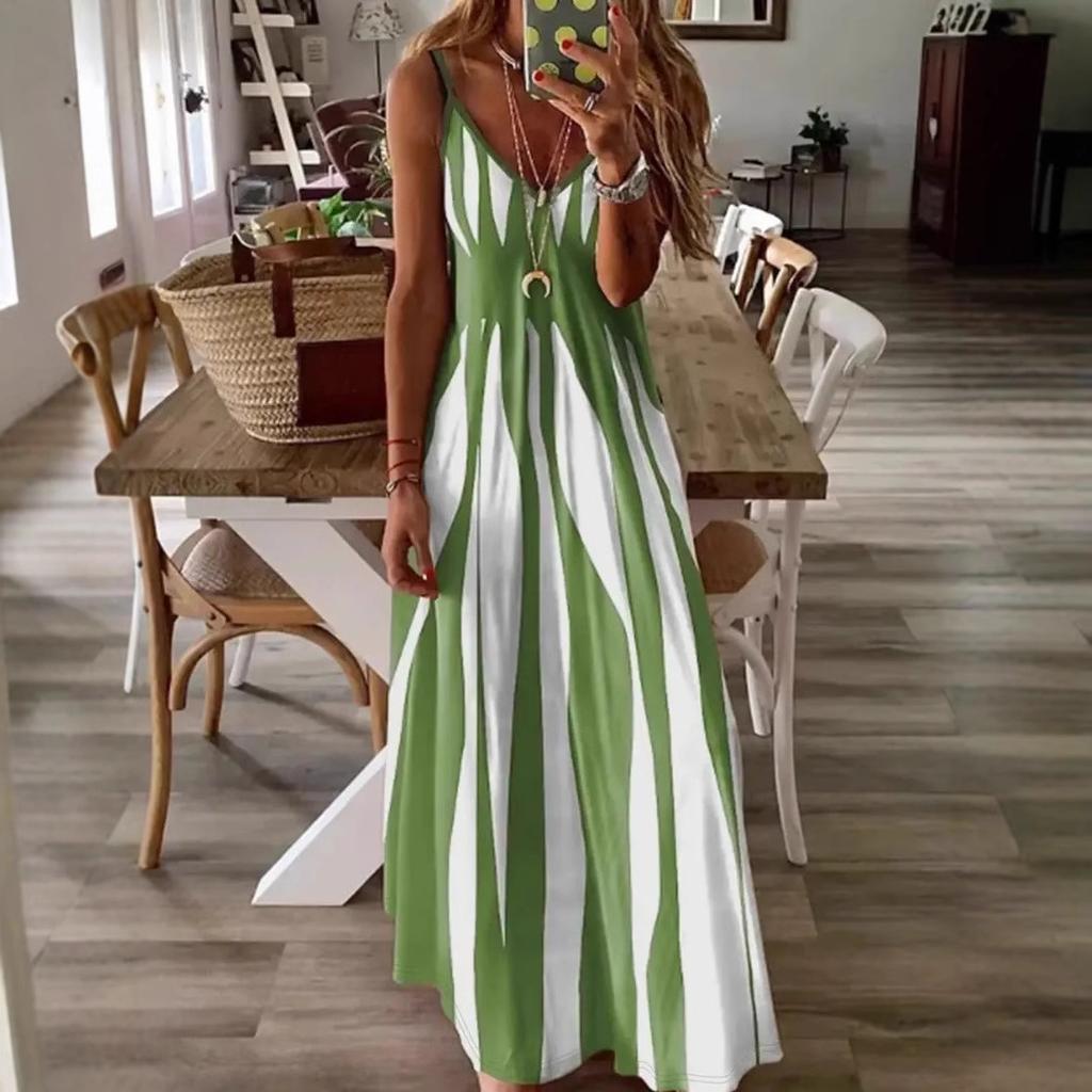 Женское повседневное платье на бретелях с V-образным вырезом, в полоску с принтом, цельное
