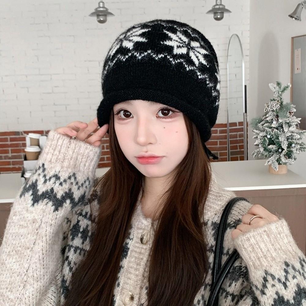 Drawstring Beanies Hat Snowflake Printed Winter Hat Fashion Knitted Hat Autumn
