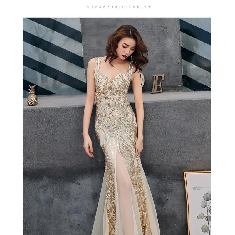 Женское длинное вечернее платье «рыбий хвост» с длинной юбкой на подтяжках с пайетками