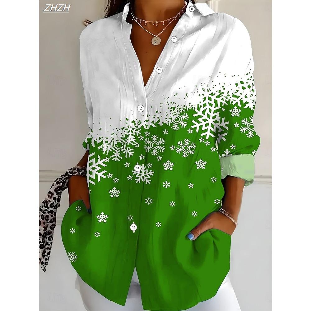 Women's 2025 Long Sleeve Shirt, Polyester Blend Slim Fit, Snowflake Elegant Graphic Casual Daily Wear, Spring Autumn Blouse Tops