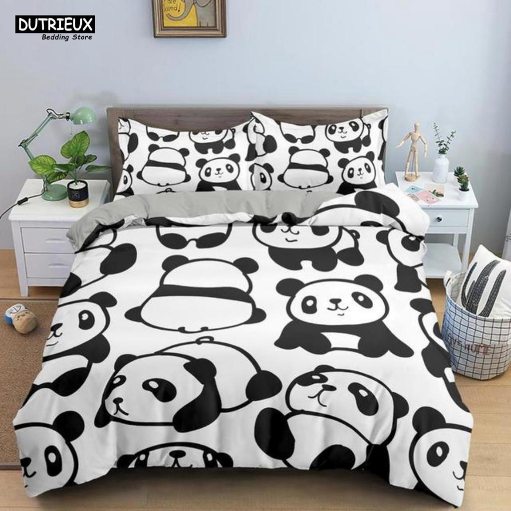 Мультяшный Милый Комплект Постельного Белья Панда Белое Постельное Белье 3D Принт Подарок для Девочек 2/3 предмета Полуторный Односпальный Двуспальный Королевский Размер Комплект Пододеяльника