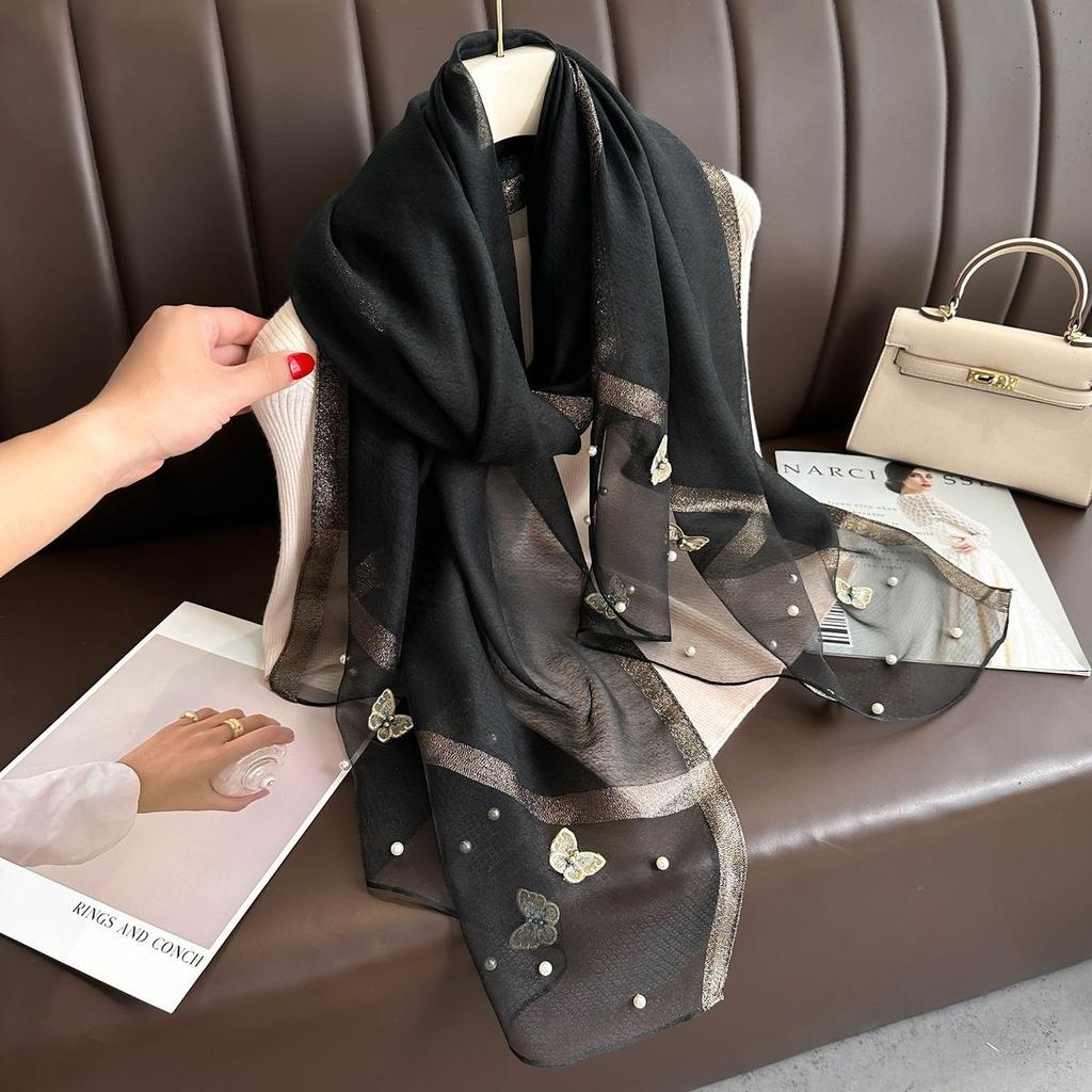Осенне-зимний новый искусственный шелковый шарф с бусинами и бабочками в корейском стиле, универсальный теплый шарф, шаль, шарф