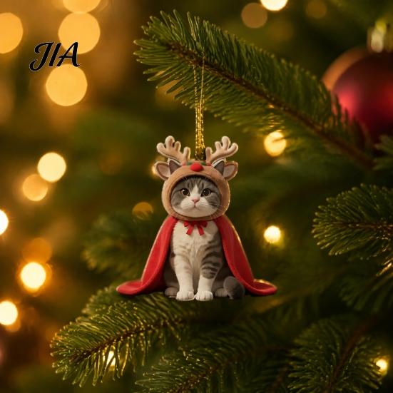 Durable Cat Themed Ornaments Christmas Ornament, 2D Flat Cartoon Acrylic Kitten Wearing Cape And Warm Atmosphere Hanging Hat Decoration for Tree, Car