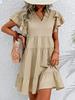V-Neck Folded Sleeve Mid-Length Solid Color Dress - Casual & Comfortable