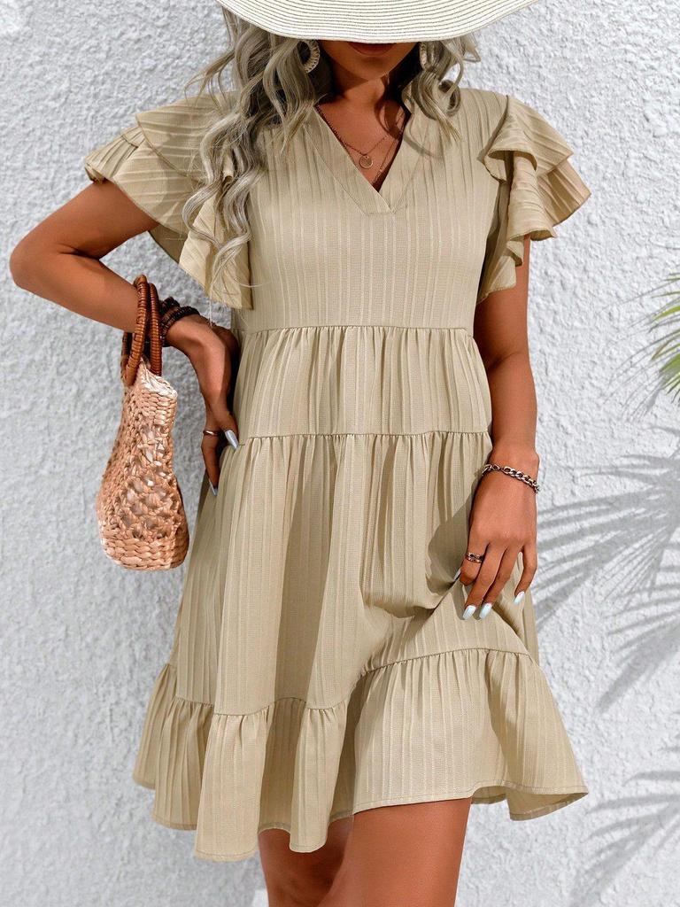 V-Neck Folded Sleeve Mid-Length Solid Color Dress - Casual & Comfortable