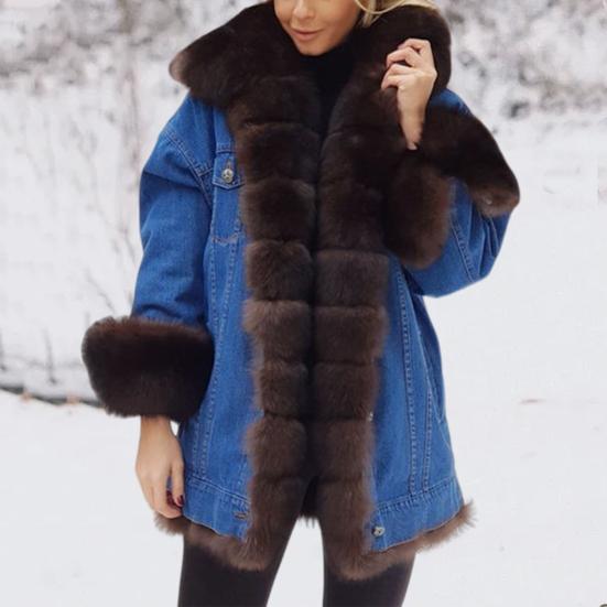 Winter Women Denim Jacket Faux Fur Trim Long Sleeves Color Matching Pockets Cold-proof Mid Length Windproof Outdoor Warm Coat