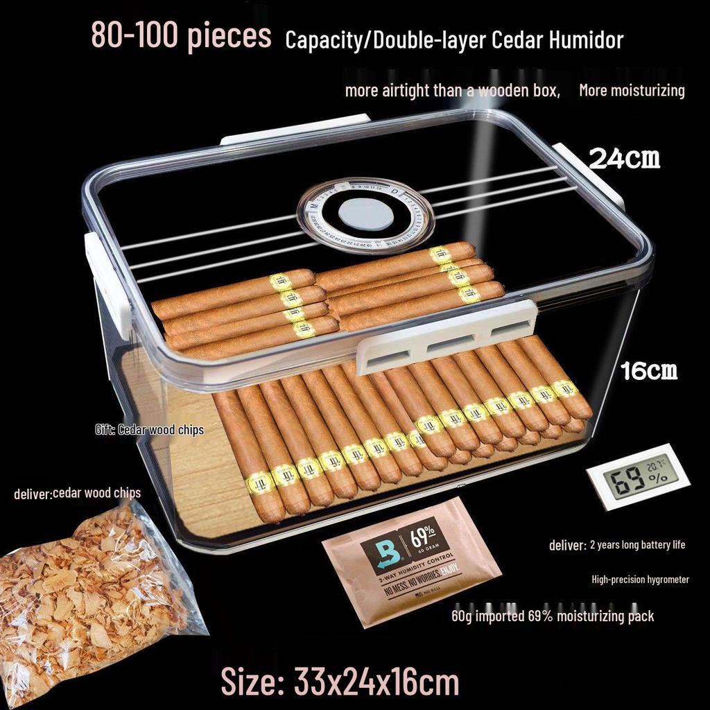 Professional Cedar Wood Cigar Humidor for 80 Imported Cigars - Sealed Aging Box Set Gift