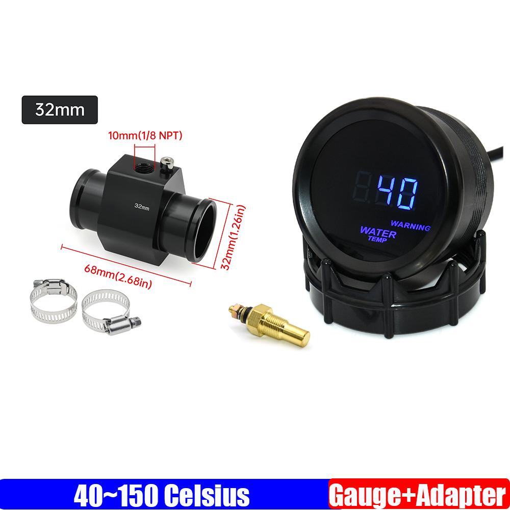 Digital 52mm Water Temperature Gauge with Alarm+Sensor Water Temp Joint Pipe Sensor Hose Adapter Gasoline Racing Car 12V