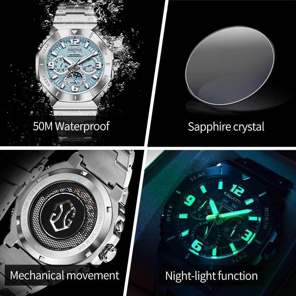 GELATU Men's Watches Luxury Fashion 316L Fine Steel Original Automatic Mechanical Wristwatch for Man Moon Phase Calendar 6030