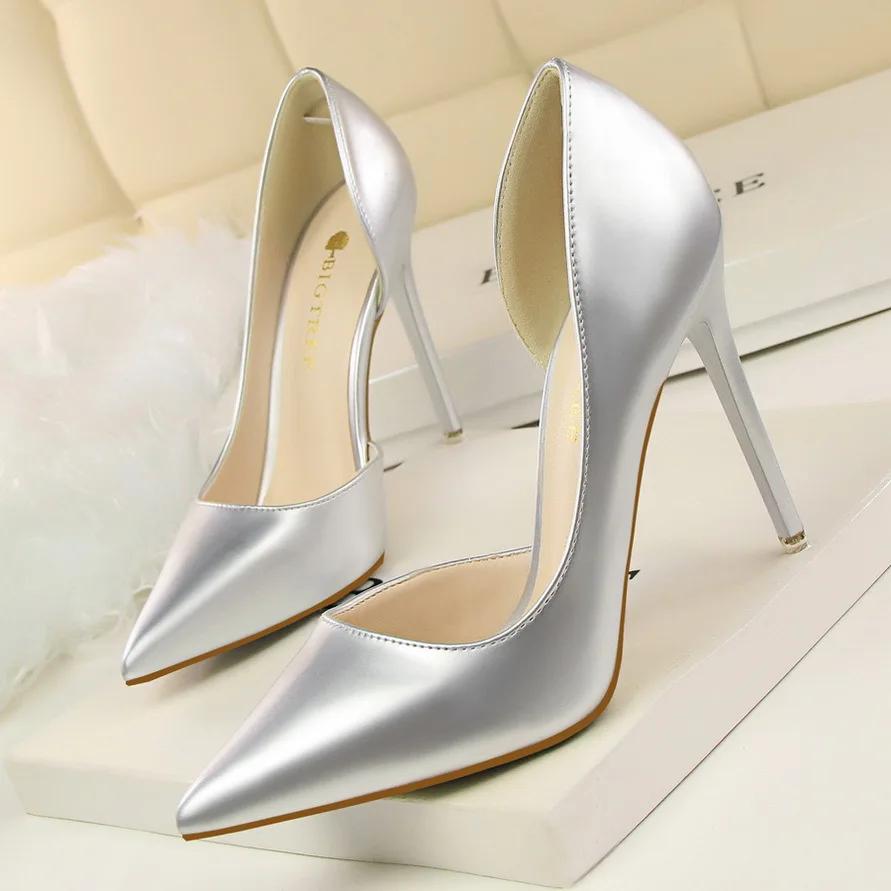 Fashion Sexy Pointed Toe Patent Leather Design Women Pumps Shallow Hollow Women Elegant Thin High Heels Stripper Shoes Career Work Shoes