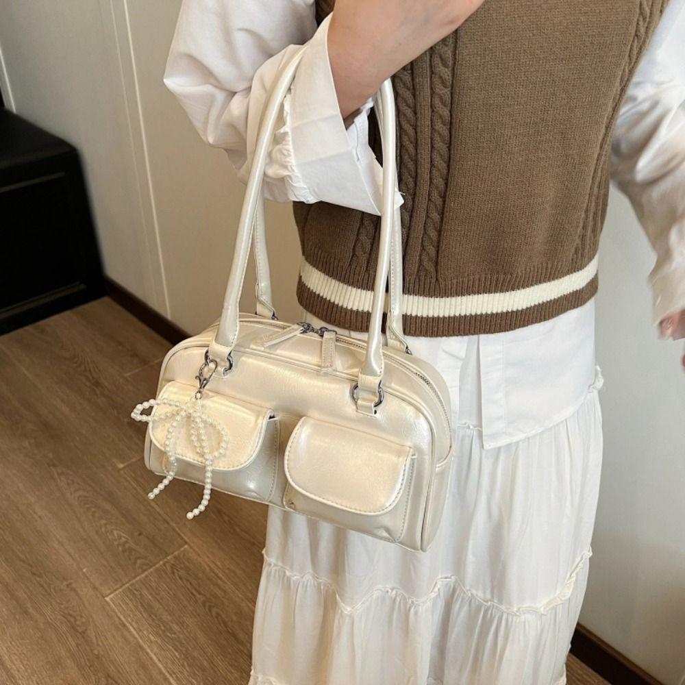 Handbag PU Bowling Bag Solid Color Underarm Bag Mini Pocket Boston Tote Bag Travel