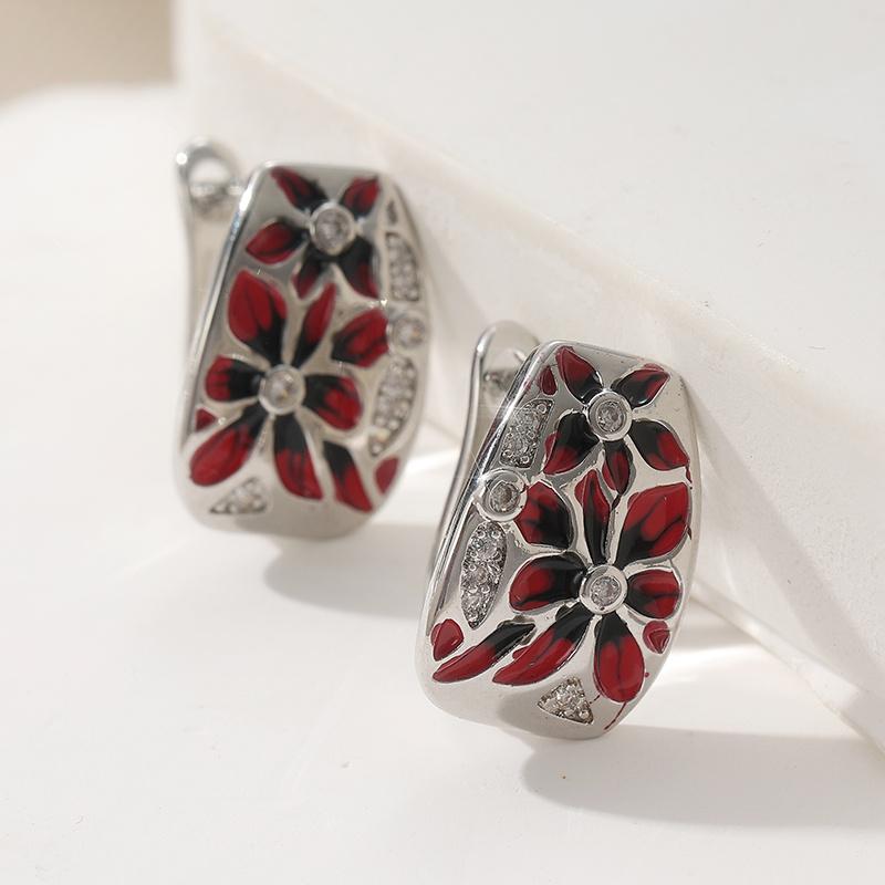 Простые красные эпоксидные серьги-кольца с резным цветком, ручная работа, эмаль, женские серьги с серебристым покрытием, свадебные серьги, праздничные украшения, подарок