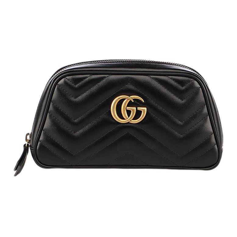 Gucci GG Marmont Gold Logo Quilted Leather Zipper Wristlet Clutch Women clutch Black 645111-DTDHT-1000