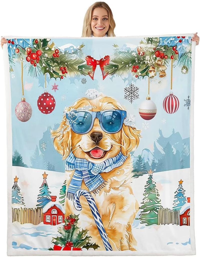 Merry Christmas Throw Blanket Watercolor Cartoon Xmas Trees Fleece Blanket for Kids Teens Adults Winter Snowflake Decor New Year