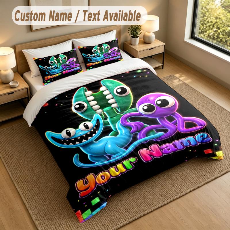 Custom Name Text Bedding 3Pcs Set,Rainbow Friends 1 Duvet Cover 2 Pillowcases Soft Bed Linen For Gift