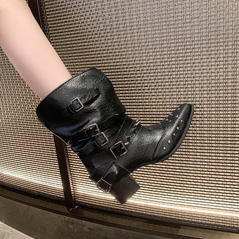 Мода 2025 Новые ботфорты с длинным голенищем Женские ботинки-рыцари с острым носком, блочным каблуком и заклепками