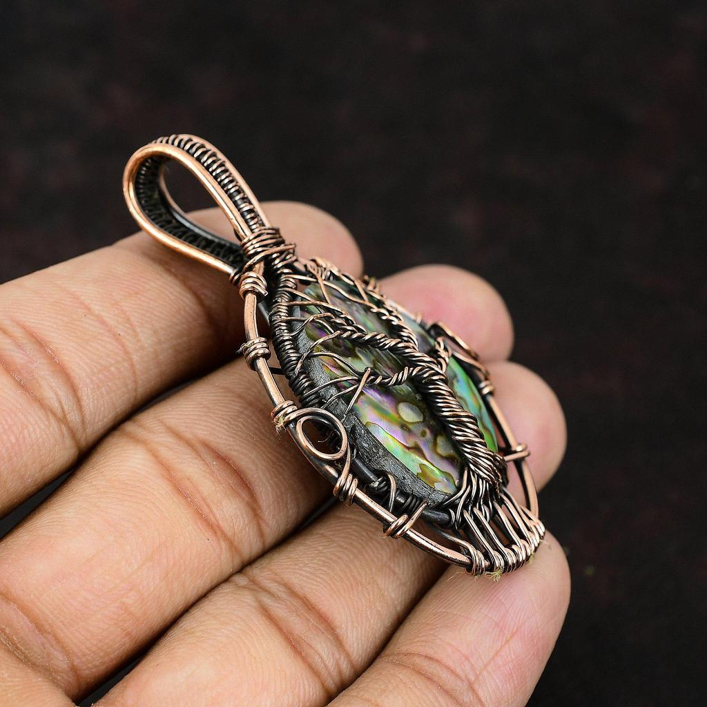 Древо жизни Подвеска из ракушки морского ушка Медная проволока Обернутая подвеска Драгоценный камень Медные украшения Подвеска ручной работы Подарок для него Ювелирные изделия из ракушки морского ушка