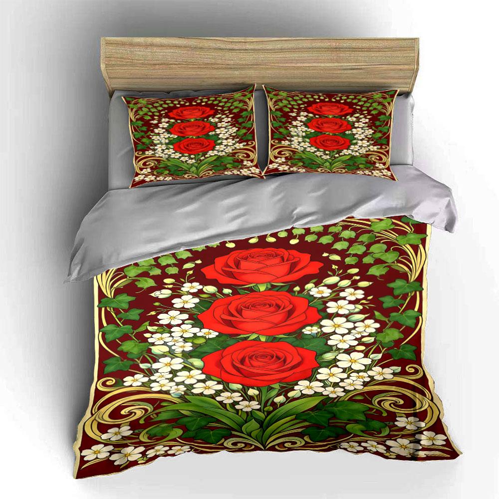 Red roses and white flowers. Bedding sets Duvet cover sets Duvet covers Pillowcases(1 * Duvet Cover 2 * Pillowcases, without duvet insert)