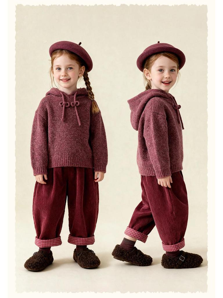 Зимний однотонный худи для девочек 2025 года - Вязаный кардиган из смесовой хлопково-шерстяной пряжи