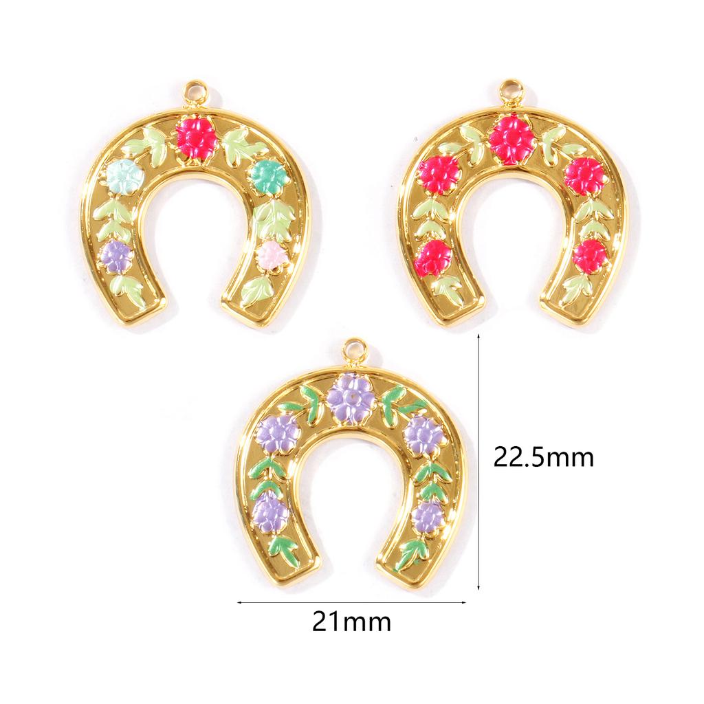 2pcs Stainless Steel West Cowboy Charms 18K Gold Plated Multicolor Enamel Luck Horseshoe Flower Pendants DIY Necklace Jewelry
