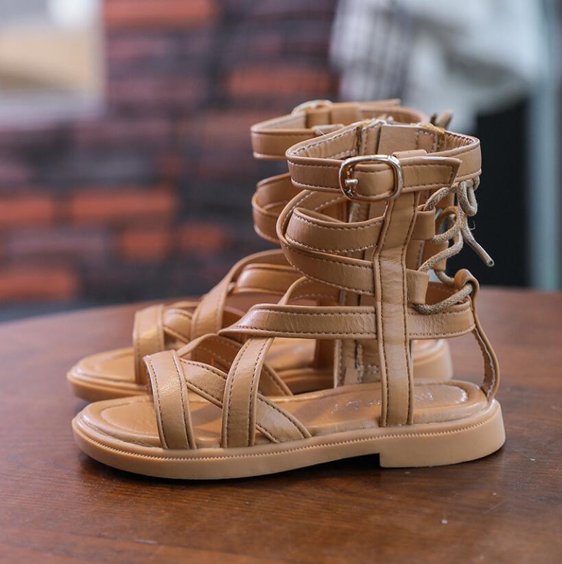 Сандалии для девочек на плоском каблуке, мягкая обувь для маленьких девочек, детская обувь в стиле гладиатора, высокие римские туфли до щиколотки с открытым носком
