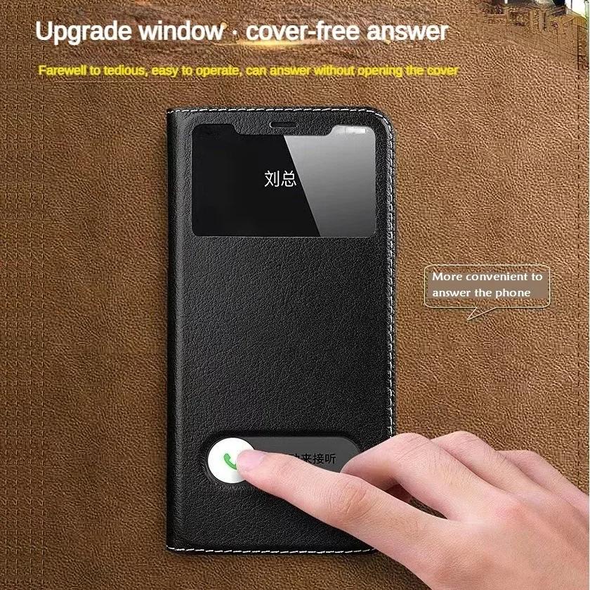 Магнитный чехол-бумажник из натуральной коровьей кожи для iPhone 16 Pro Max 17 15 Plus 14 13 12 11 Xs Xr 8 с окном для просмотра Отвечающий бесплатно