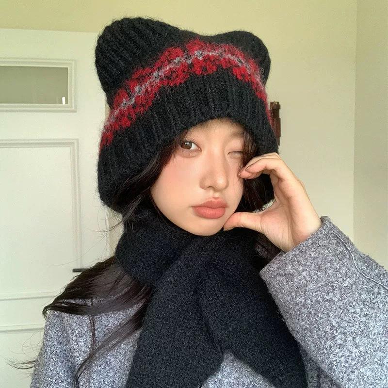 Женский милый комплект шапка и шарф с мишкой из смесовой шерсти - Зимний теплый, стройнящий и вязаный с ушками.