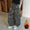 Girls' Wide-Leg Fleece Camo Cargo Pants - Retro American Style for Autumn/Winter 2025