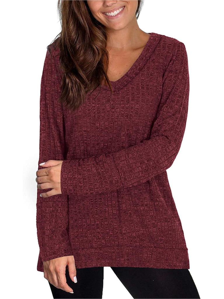 Женская футболка с длинным рукавом, осенний топ, V-образный вырез, однотонная, повседневная, свободная блузка, стильный свитшот