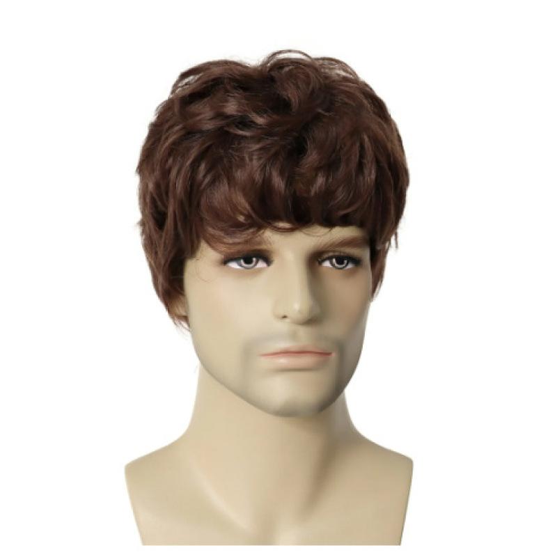 Синтетический мужской вьющийся парик, короткие каштановые волосы с челкой, мужская натуральная прическа, косплей, костюм для повседневного использования, парики из термостойкого волокна