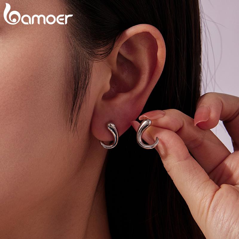 BAMOER 925 Sterling Silver Glossy Teardrop Stud Earrings Hypoallergenic Comma Hook Earrings for Women Minimalist Metallic Gift